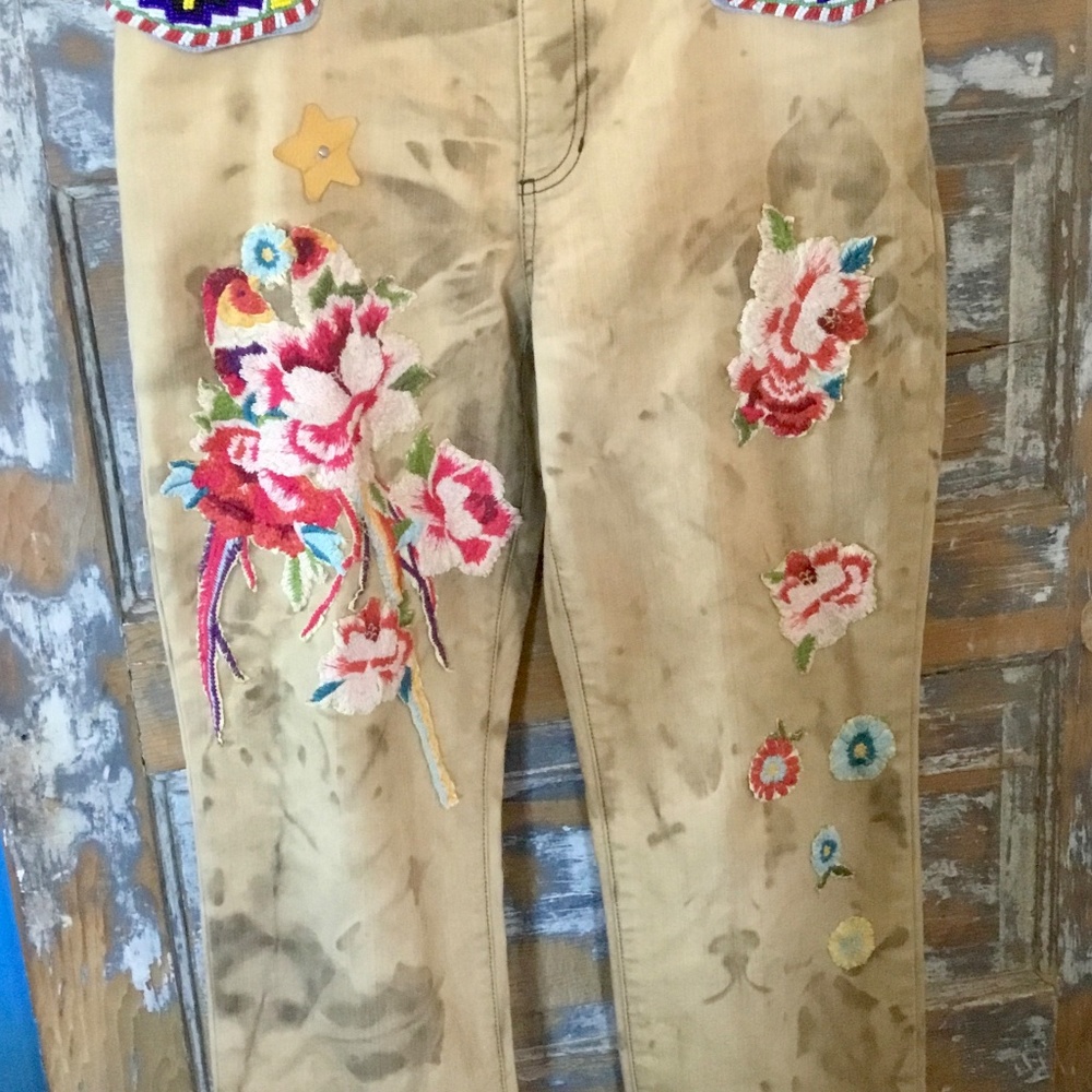 Hand dyed and sewn denims pale camouflage fabulous embroidery beaded pockets